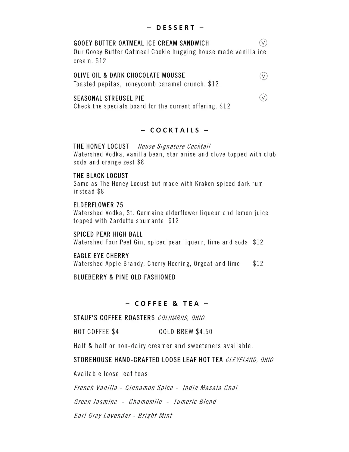 The Locust Table Menu - Updated October 2025