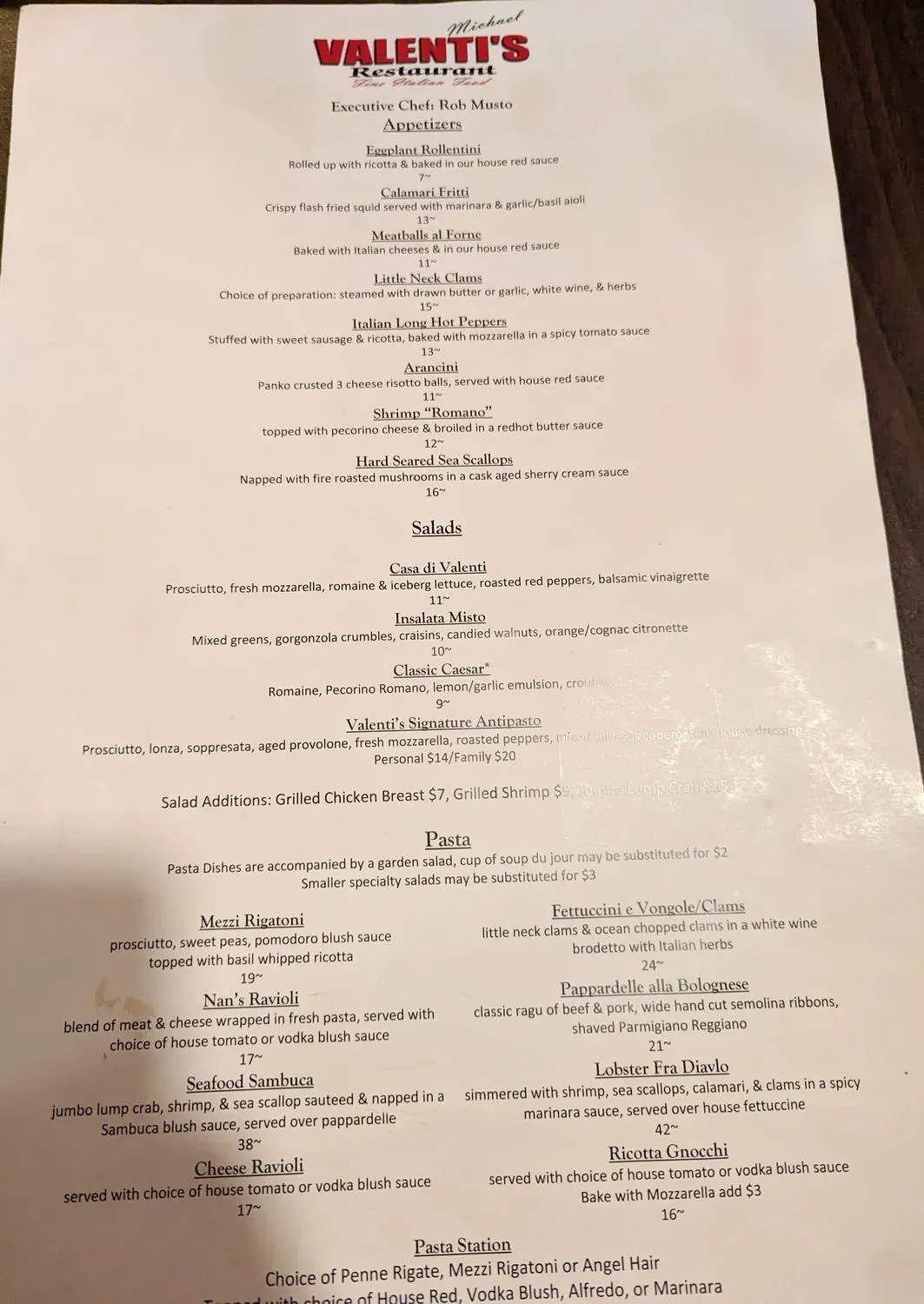 Valenti's Menu - Updated October 2025