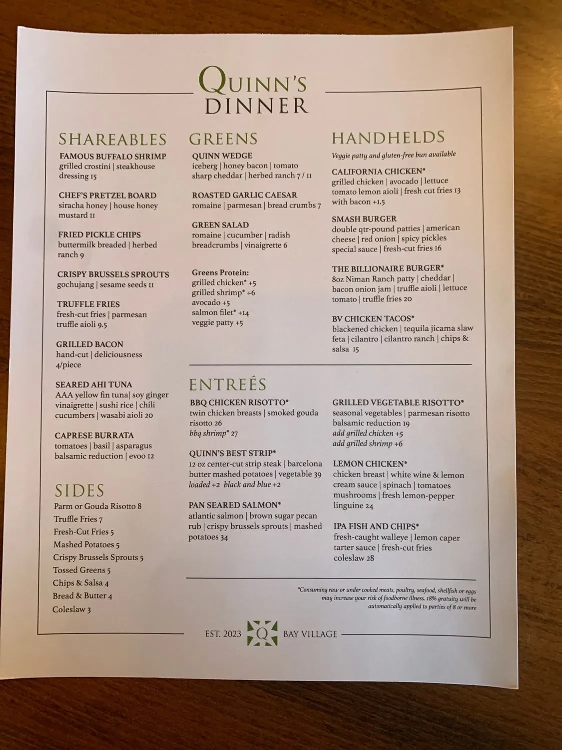 Quinn's Kitchen and Bar Menu - Updated October 2025