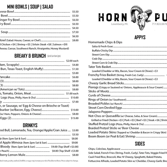 Horn Pub Menu Lewisberry, PA Checkle