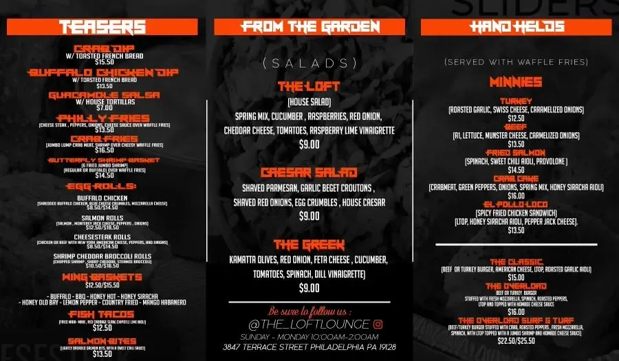 The Loft Lounge Menu - Updated October 2025