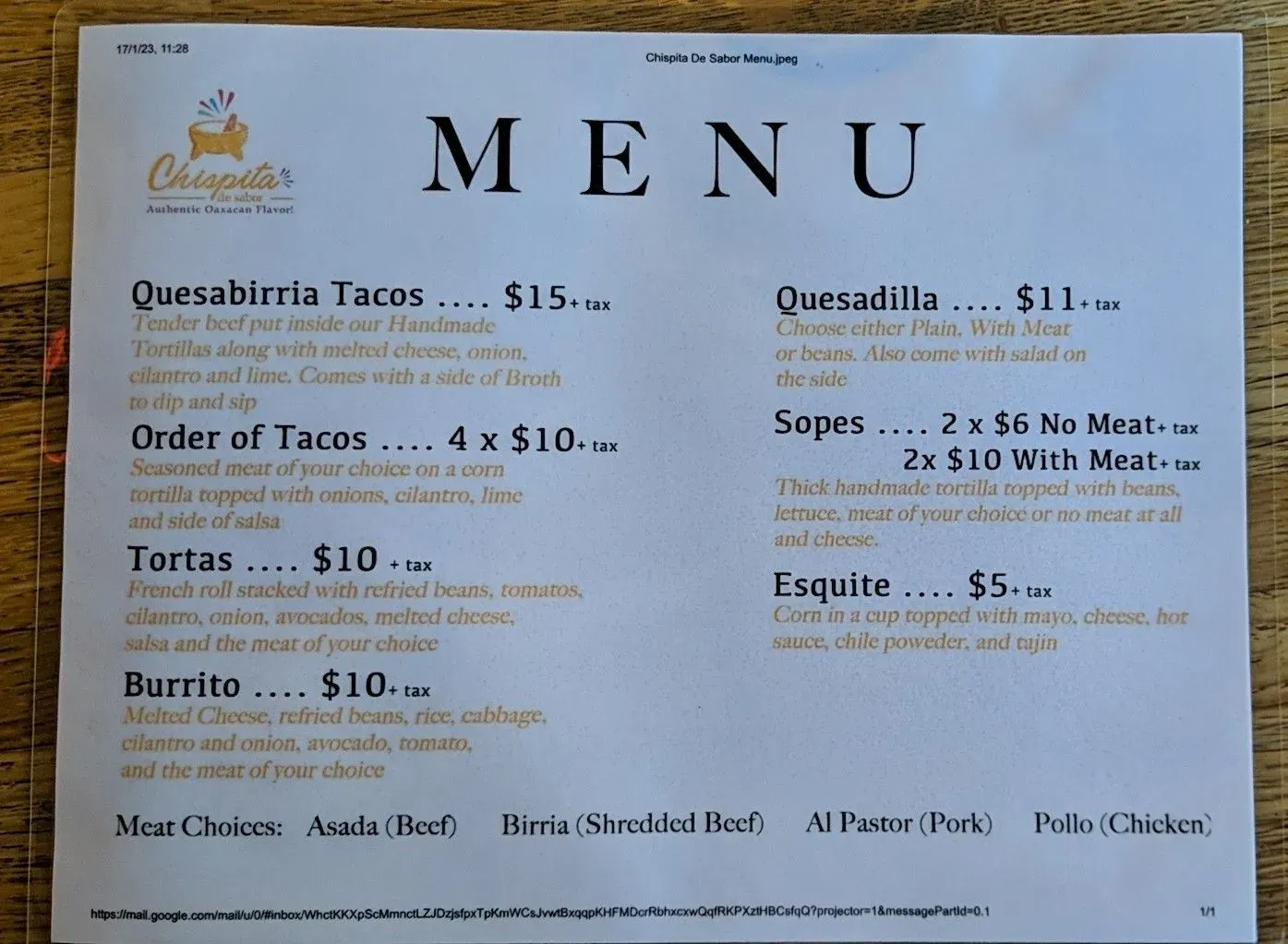 Chispita De Sabor Menu - Updated October 2025