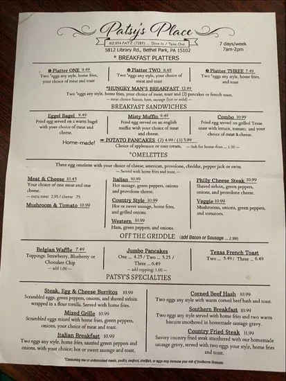 Cozy Corner Cafe Menu | Bethel Park, PA | Checkle