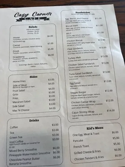 Cozy Corner Cafe Menu | Bethel Park, PA | Checkle