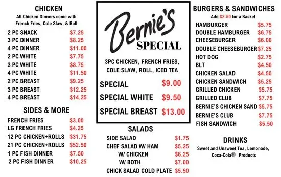 Bernie's Chicken Menu | Columbia, SC | Checkle