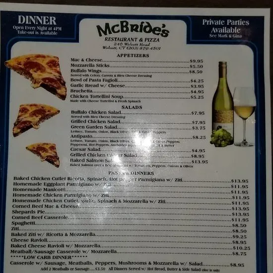McBrides Restaurant Menu Wolcott, CT Checkle