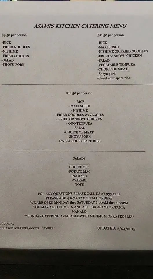 Asami's Kitchen Menu - Updated October 2025