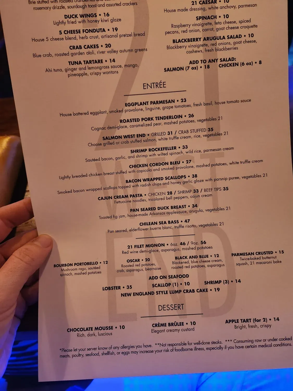 21 West End Menu - Updated October 2025