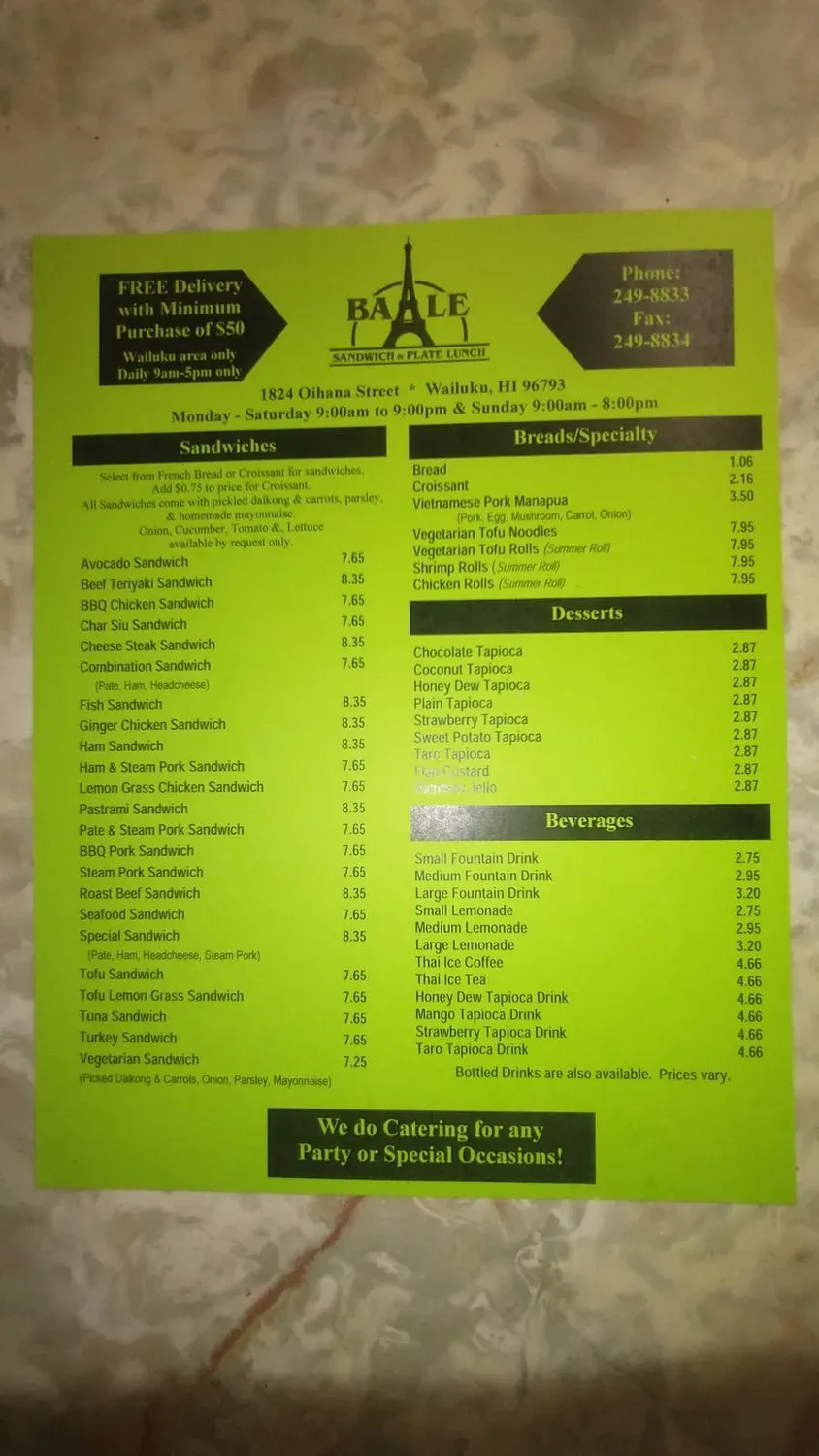 Ba-Le Sandwich Shop Menu - Updated October 2025
