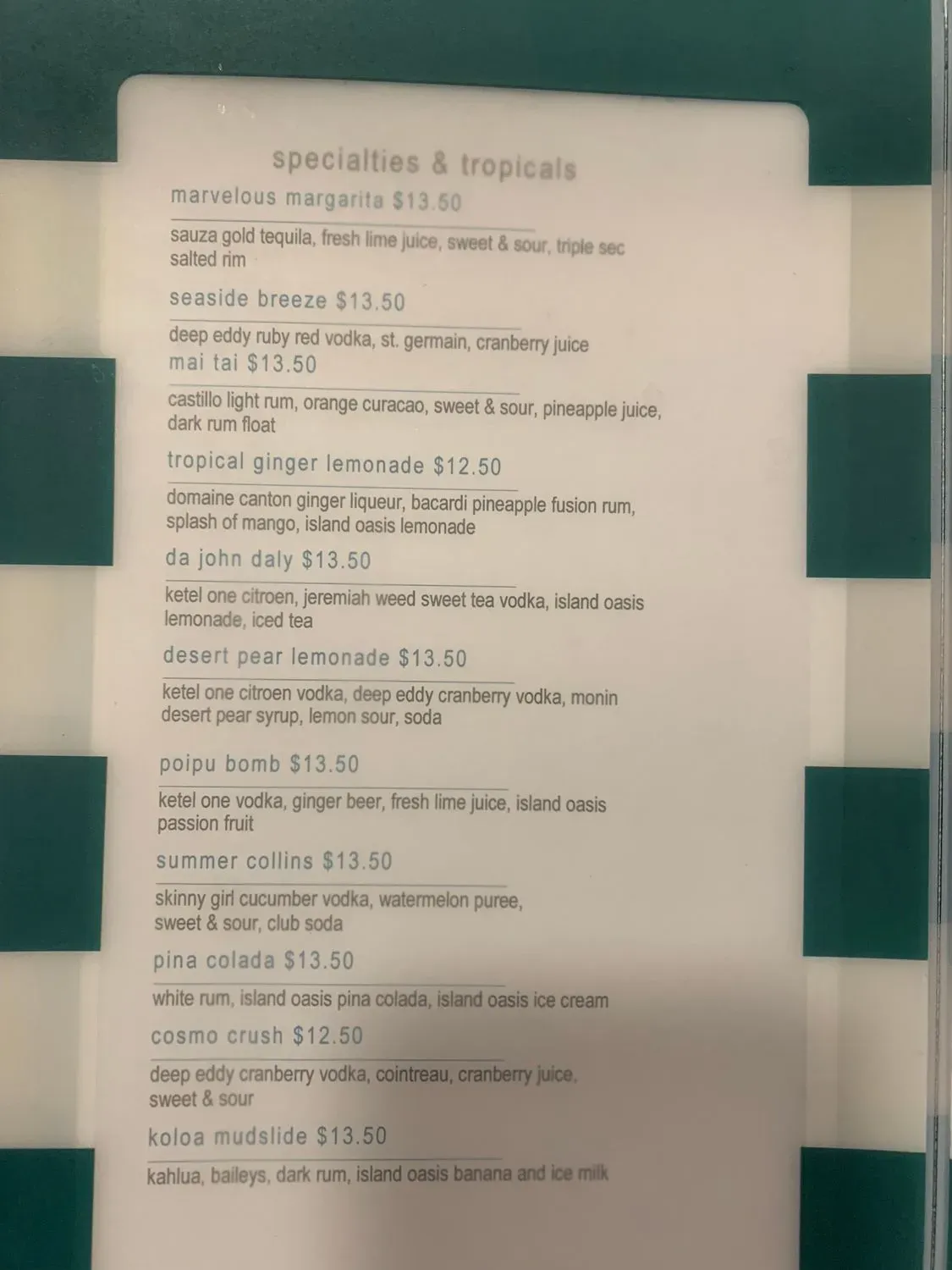 Honu Bar Menu - Updated April 2024