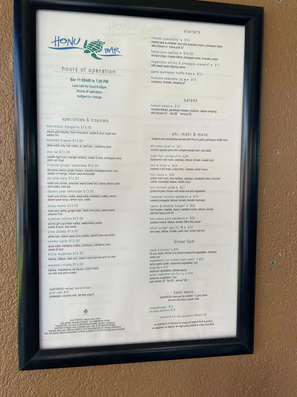 Honu Bar Menu - Updated April 2024