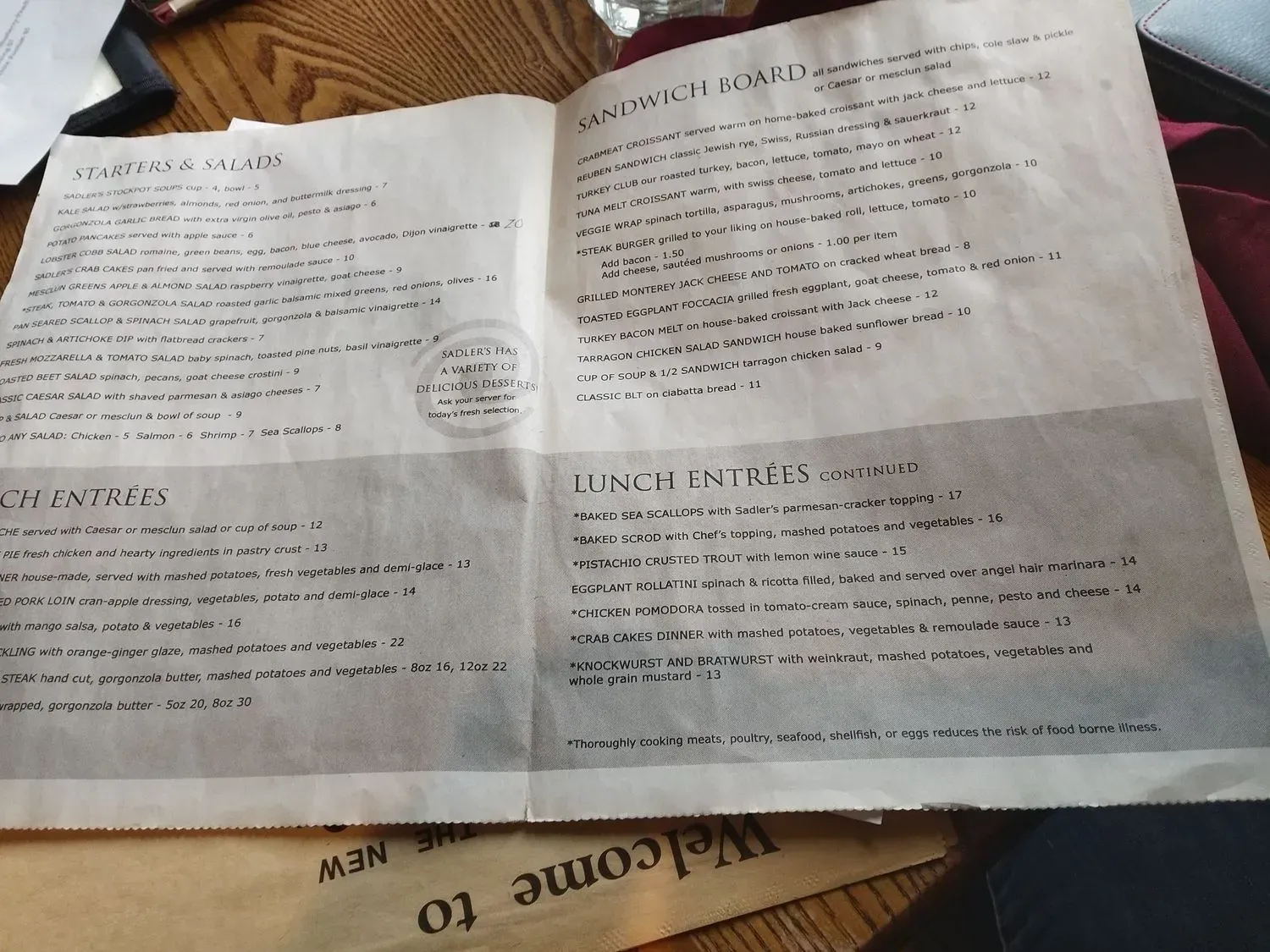 Sadler's Ordinary Menu - Updated October 2025