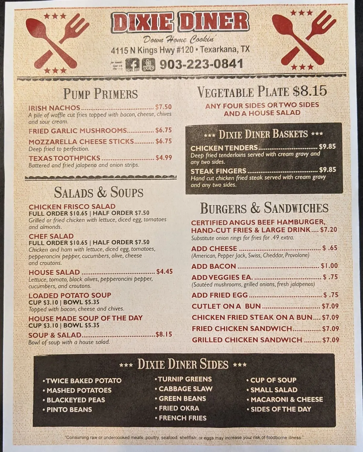 Dixie Diner Menu - Updated October 2025