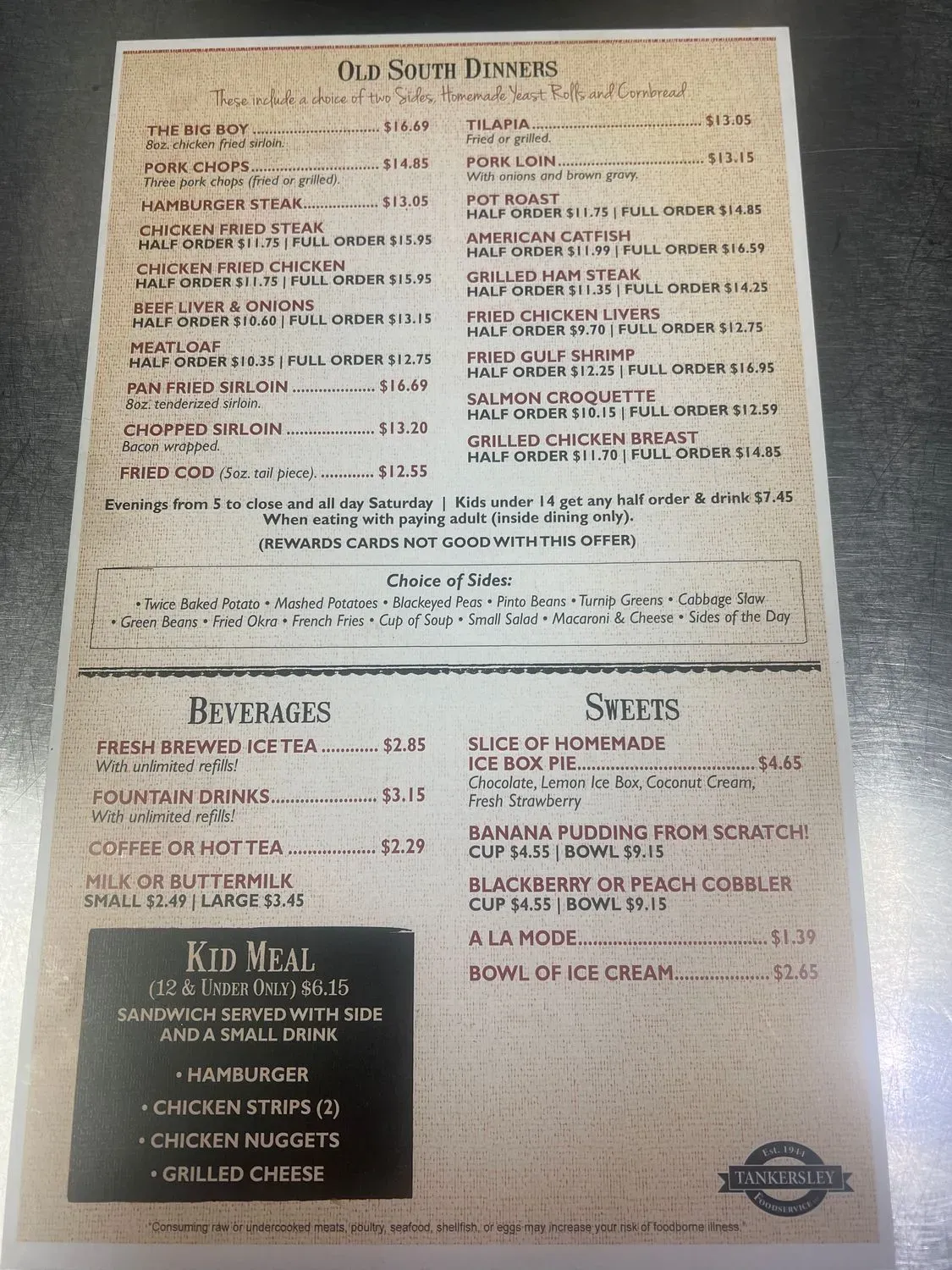 Dixie Diner Menu - Updated October 2025