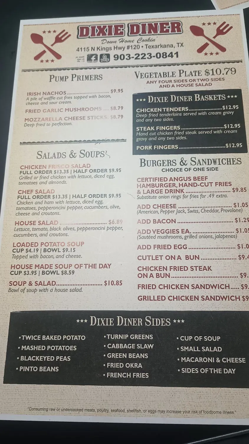 Dixie Diner Menu - Updated October 2025