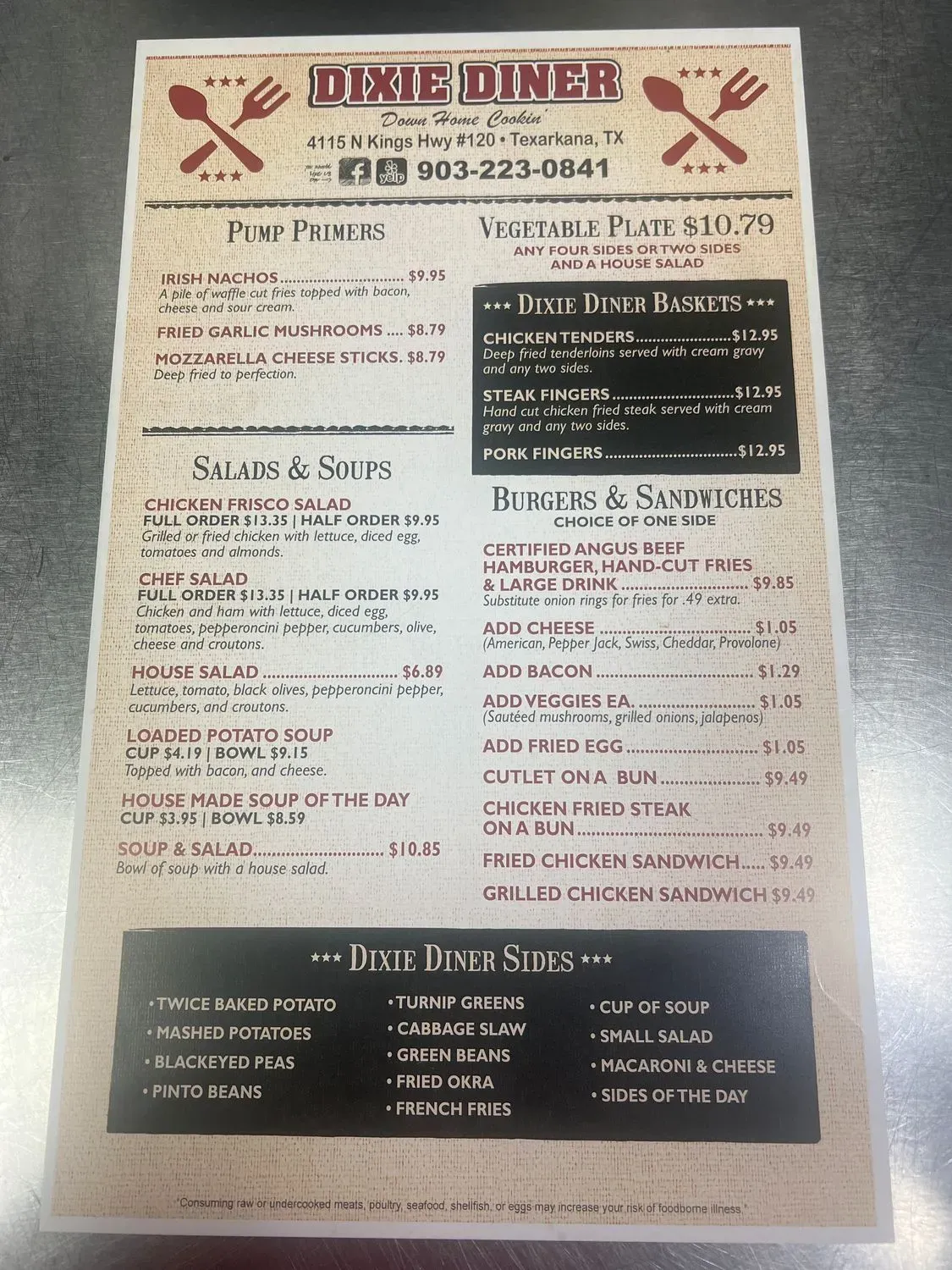 Dixie Diner Menu - Updated October 2025