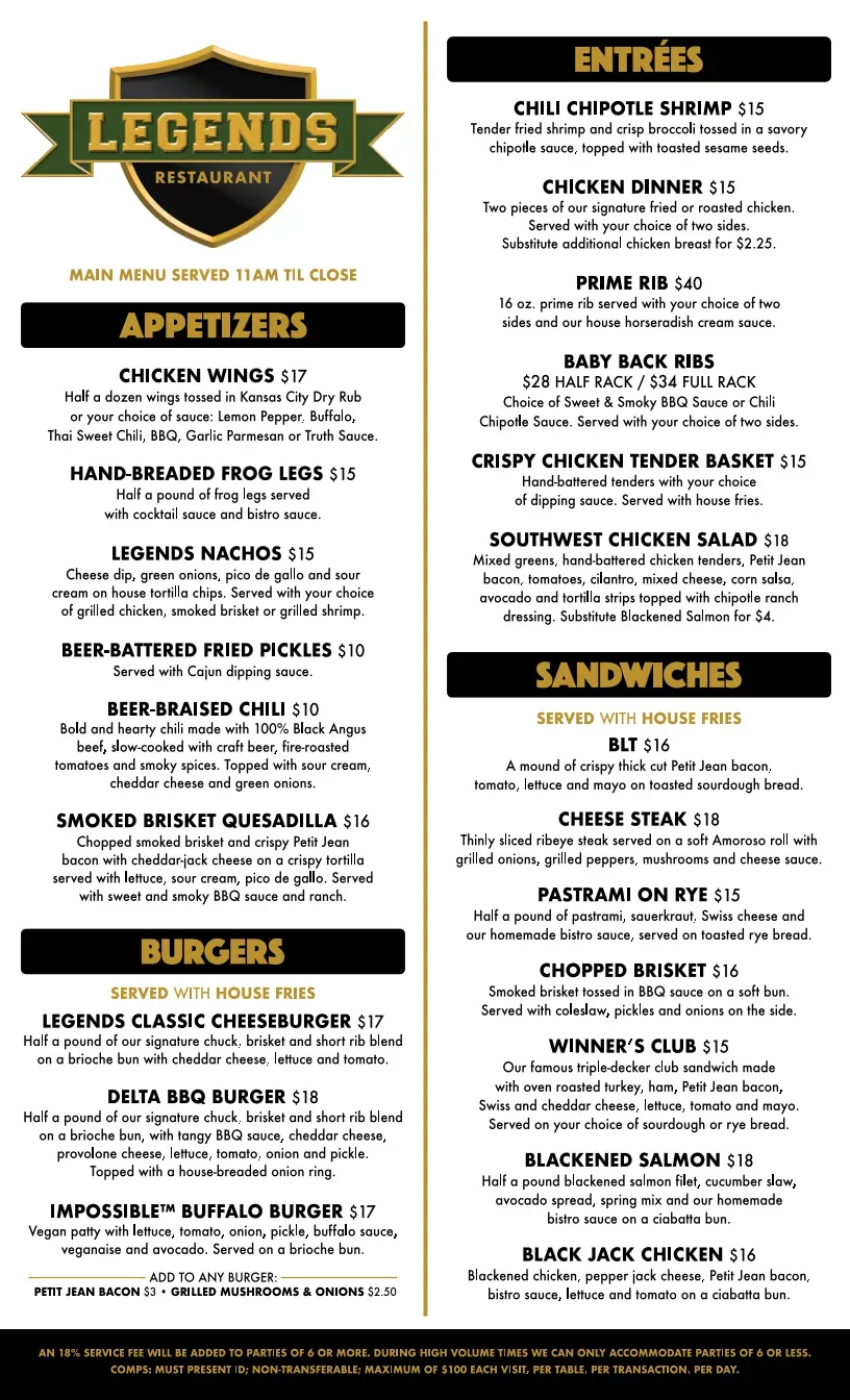 Legends Restaurant Menu - Updated October 2025