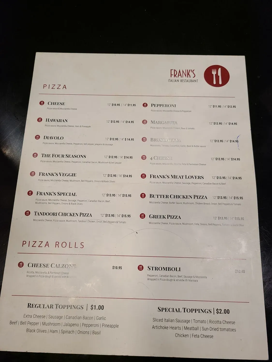 Frank's Italian Restaurant Menu - Updated October 2025