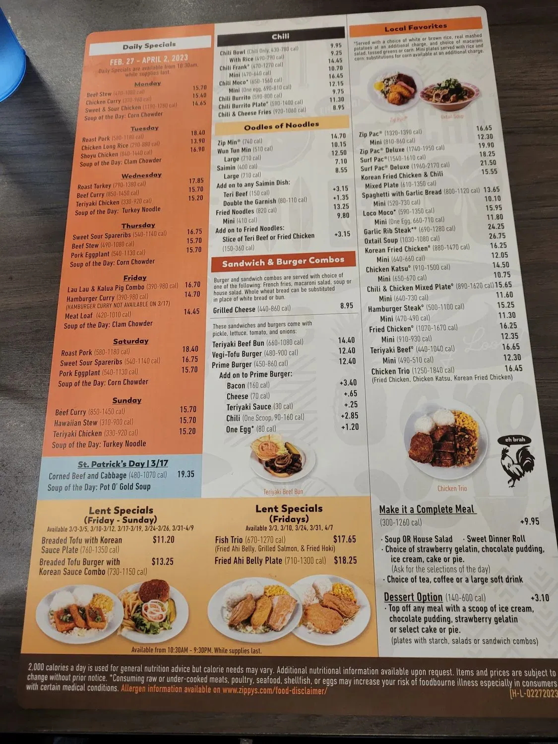 Zippy's Nimitz Menu - Updated October 2025
