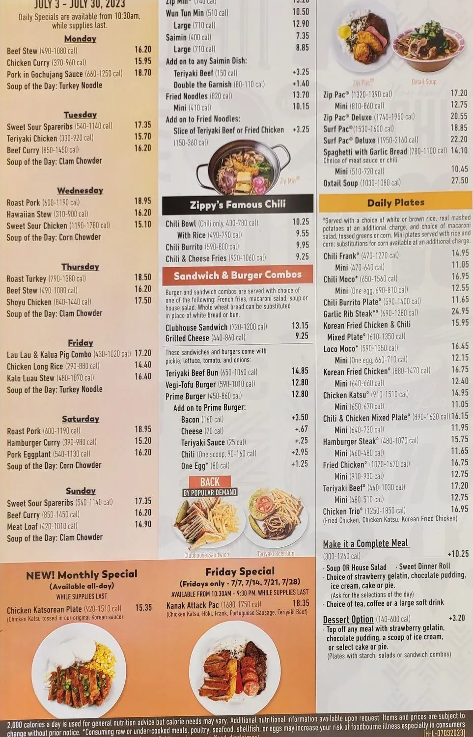 Zippy's Nimitz Menu - Updated October 2025