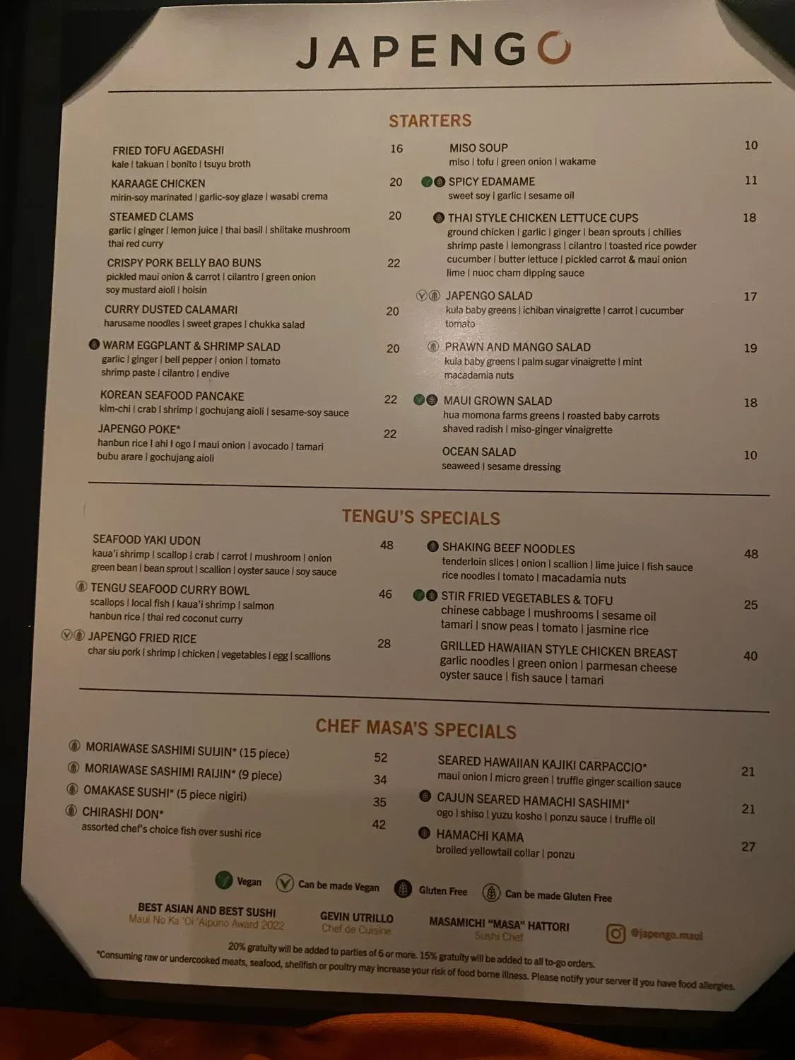 Japengo Menu - Updated October 2025