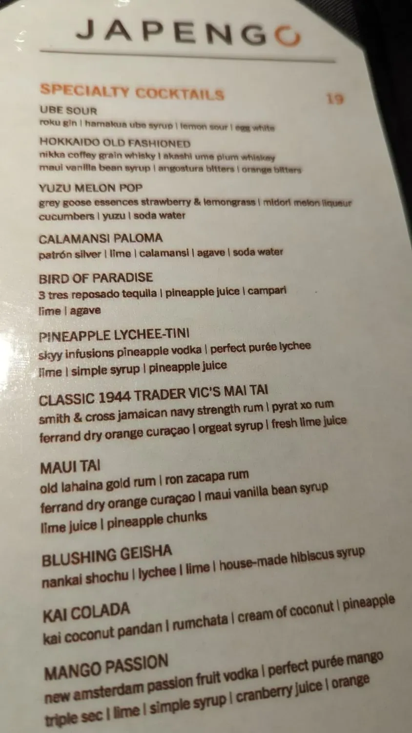 Japengo Menu - Updated October 2025