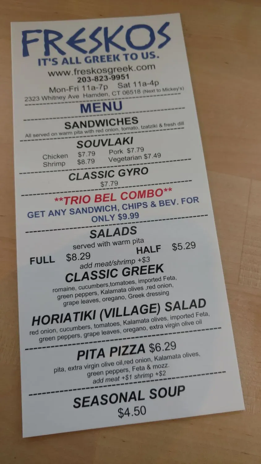 Freskos Menu - Updated October 2025