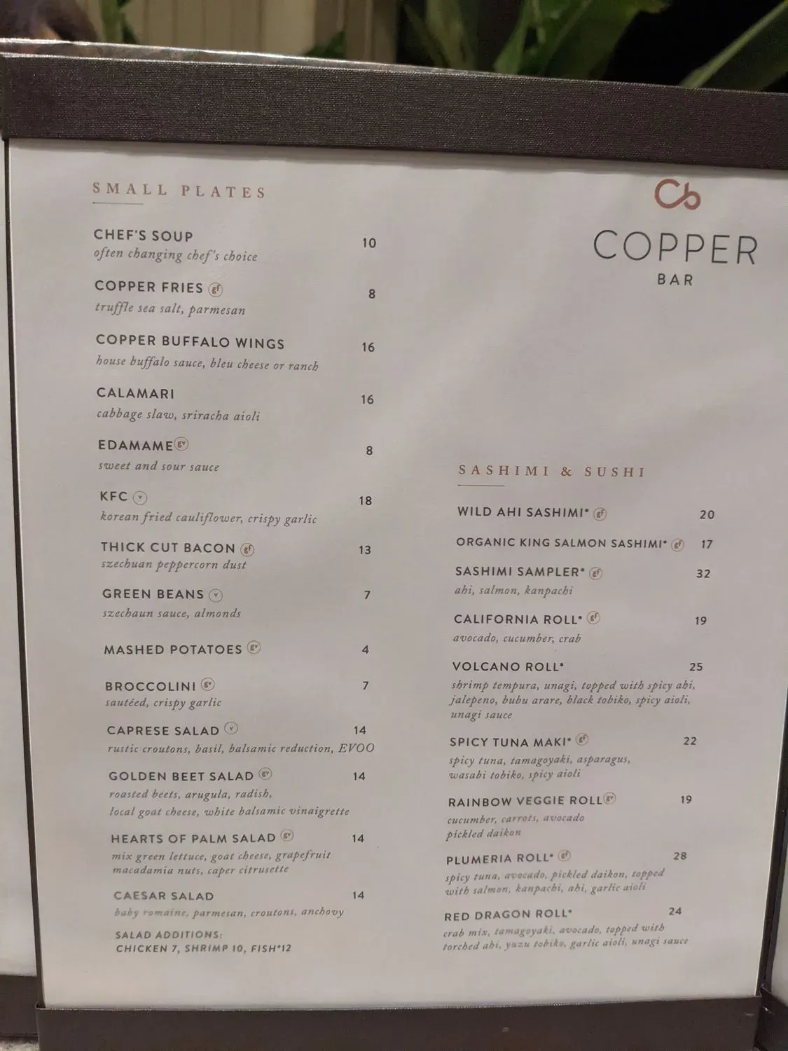 Copper Bar Menu - Updated October 2025