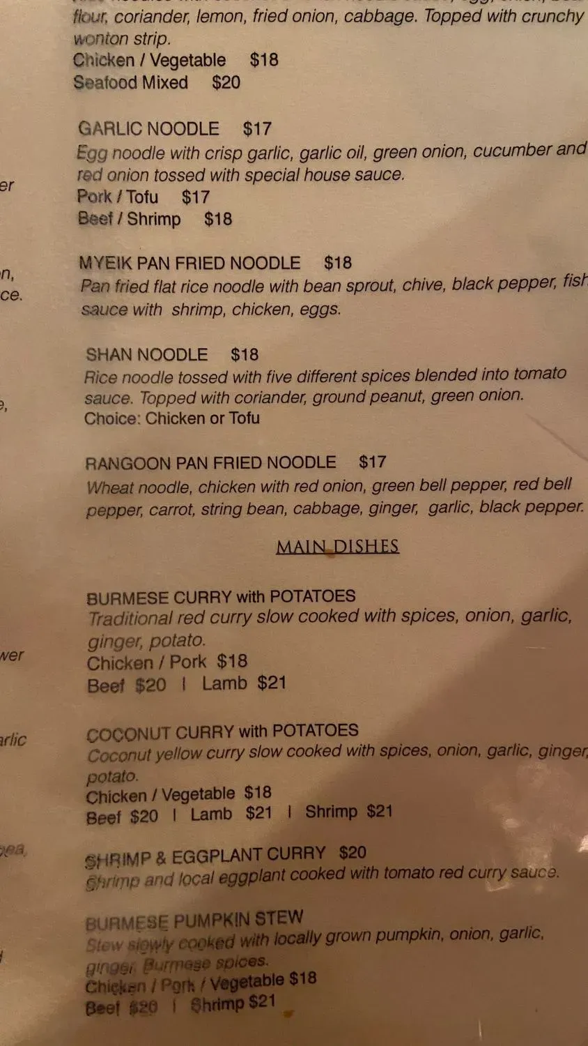 Rangoon Burmese kitchen Menu - Updated October 2025