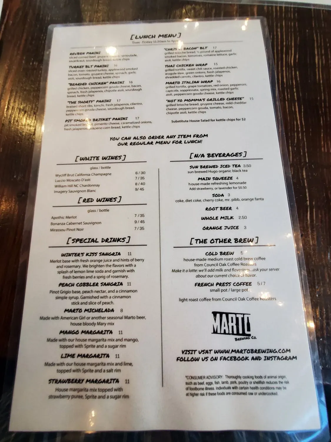 Marto Brewing Co. Menu - Updated October 2025