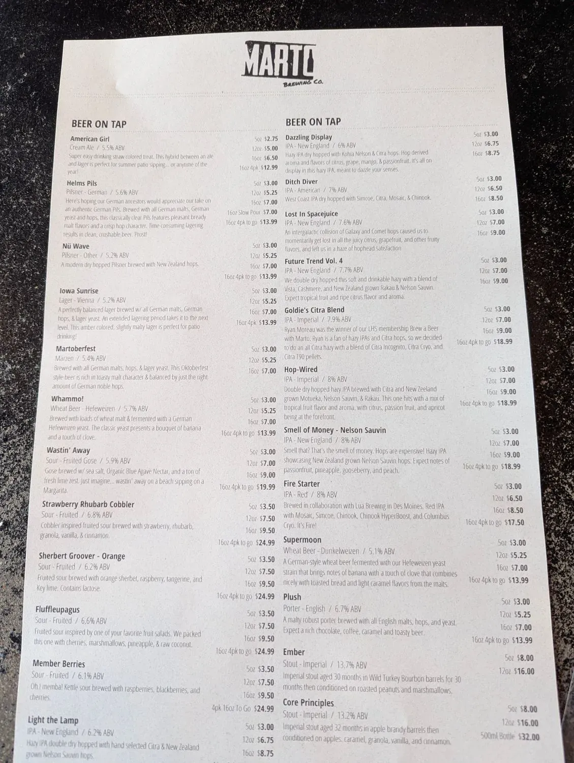 Marto Brewing Co. Menu - Updated October 2025