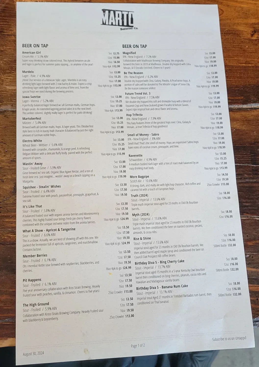 Marto Brewing Co. Menu - Updated October 2025