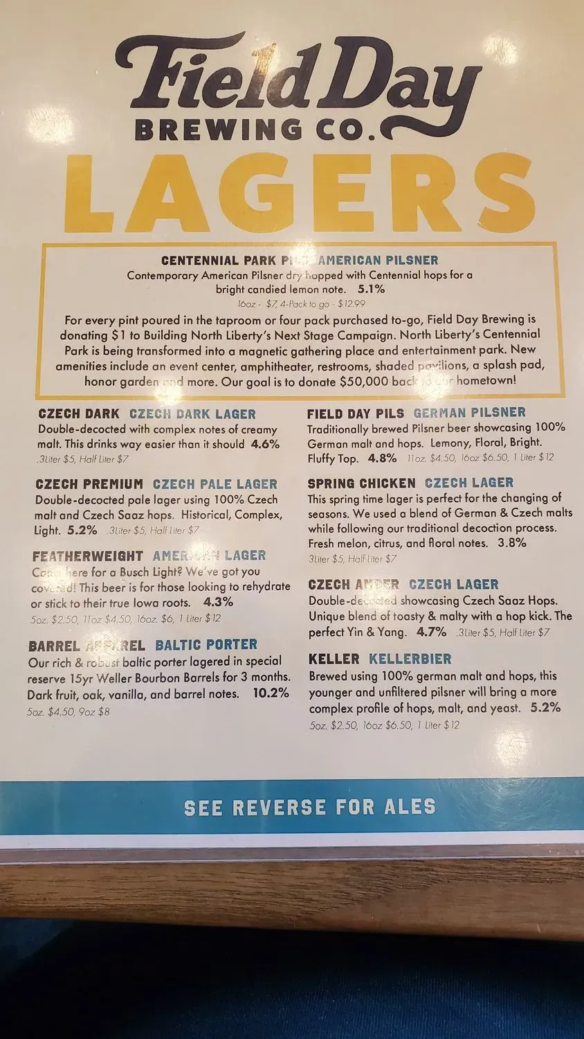 Field Day Brewing Co. Menu - Updated October 2025