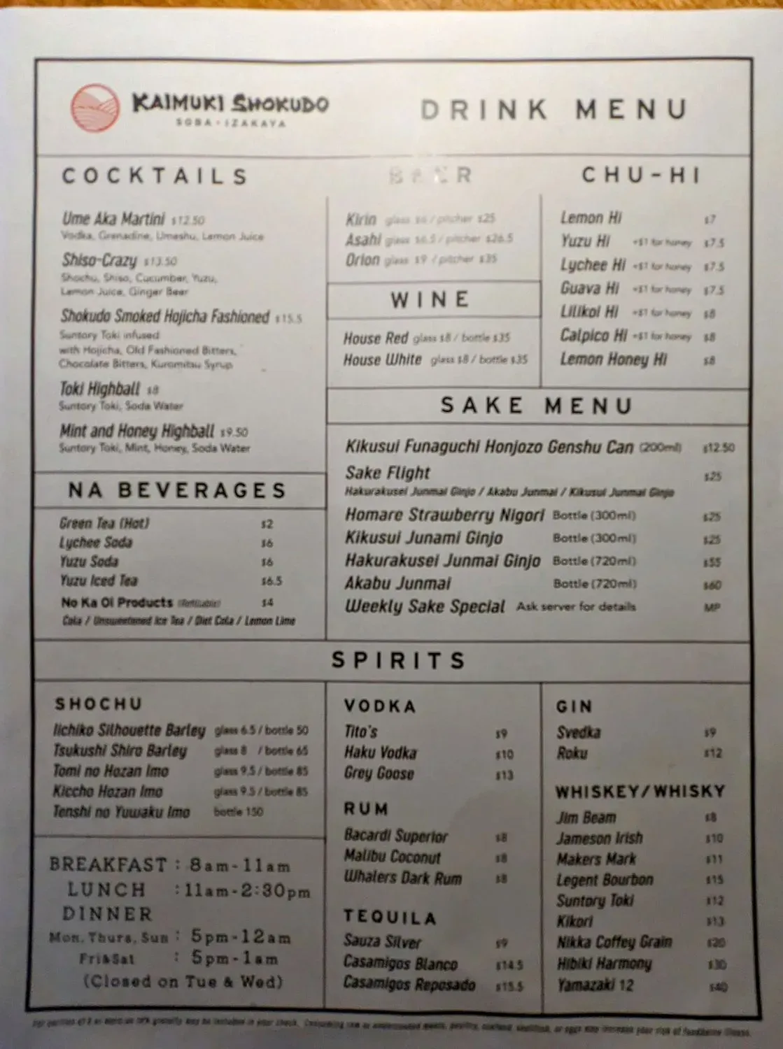 Kaimuki Shokudo Menu - Updated September 2025