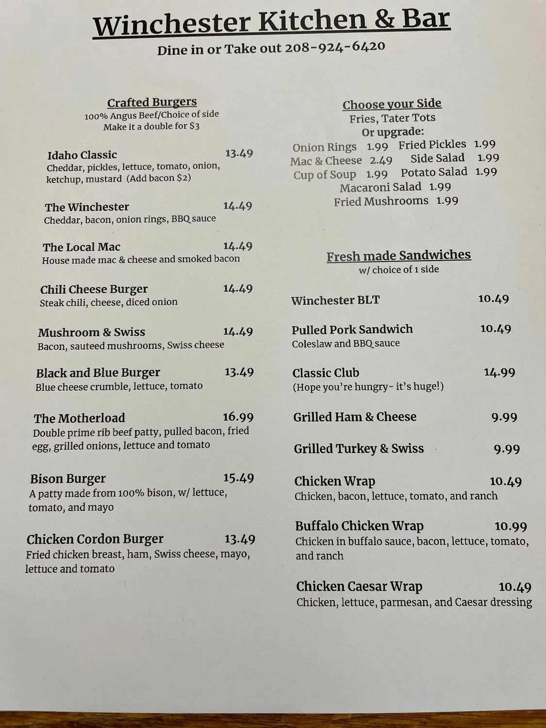 Winchester Kitchen & Bar Menu - Updated October 2025