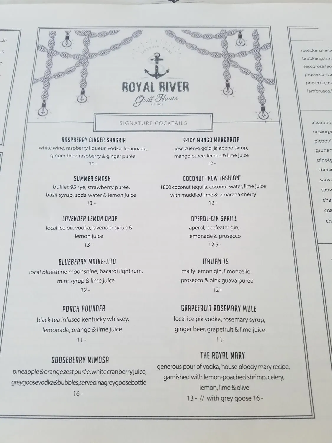 Royal River Grill House Menu - Updated October 2025