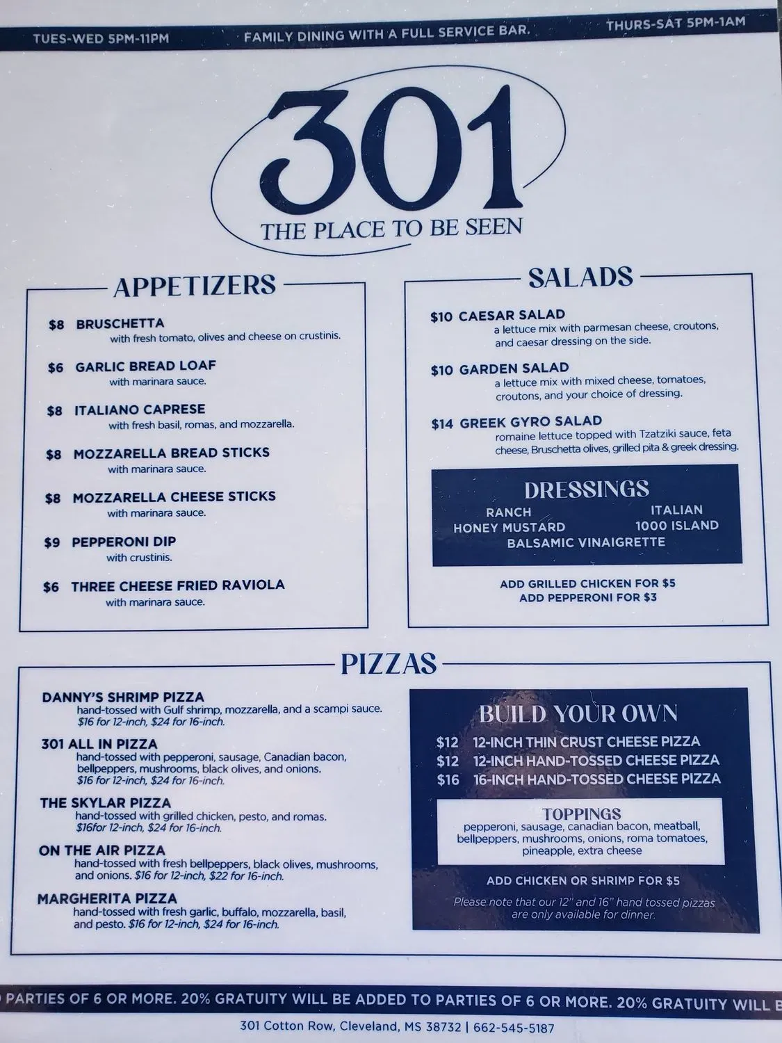 301 Downtown Menu - Updated October 2025