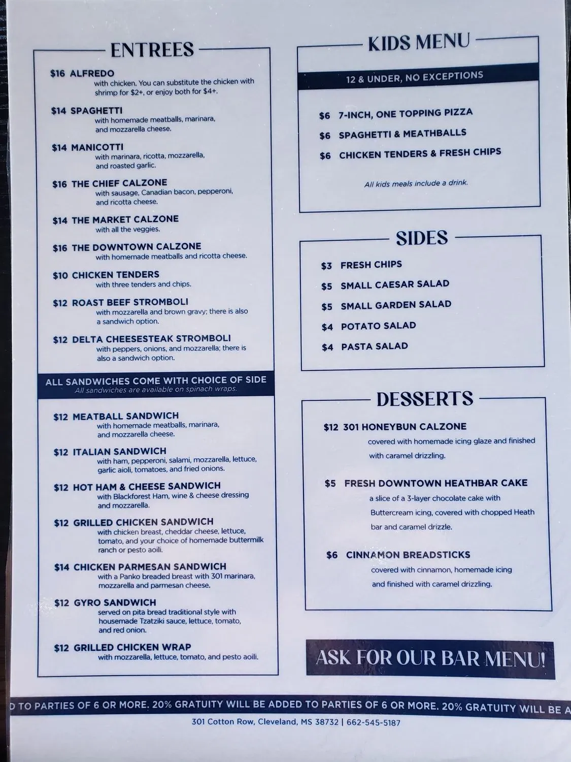 301 Downtown Menu - Updated October 2025