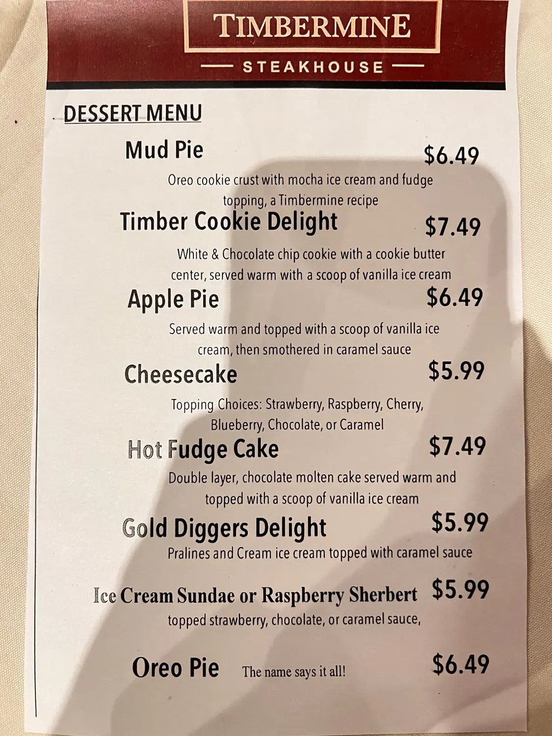 Timbermine Steakhouse Menu - Updated October 2025