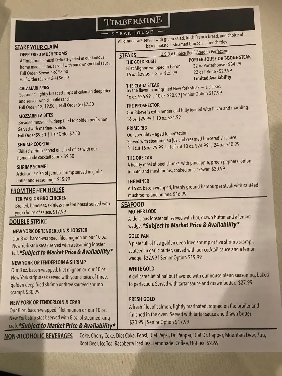 Timbermine Steakhouse Menu - Updated October 2025