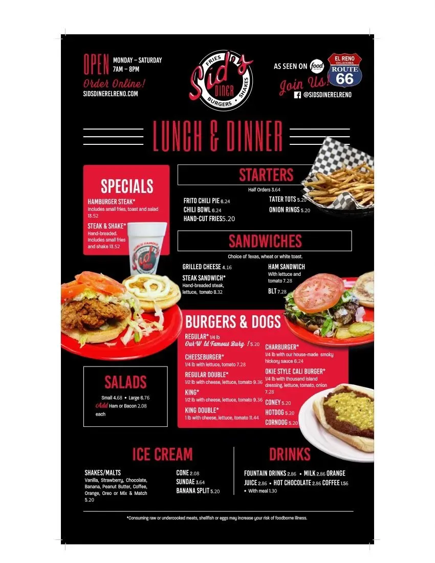Sid's Diner Menu - Updated October 2025