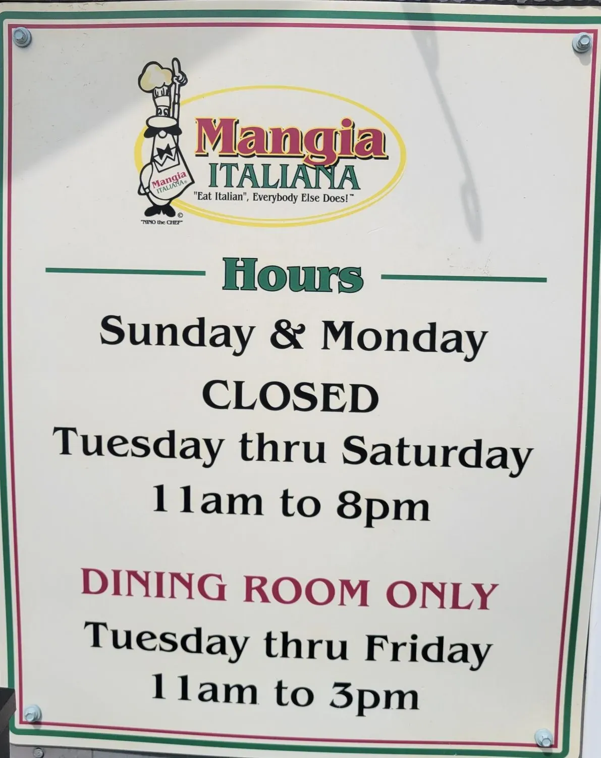 Mangia Italiana Menu - Updated October 2025