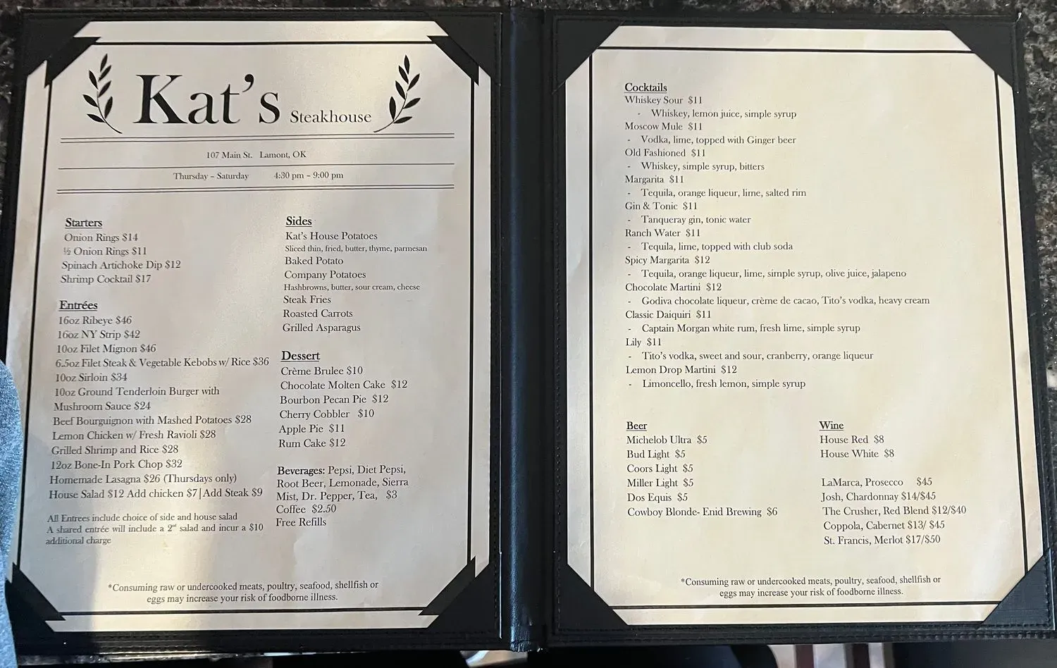 Kat's Steakhouse Menu - Updated October 2025