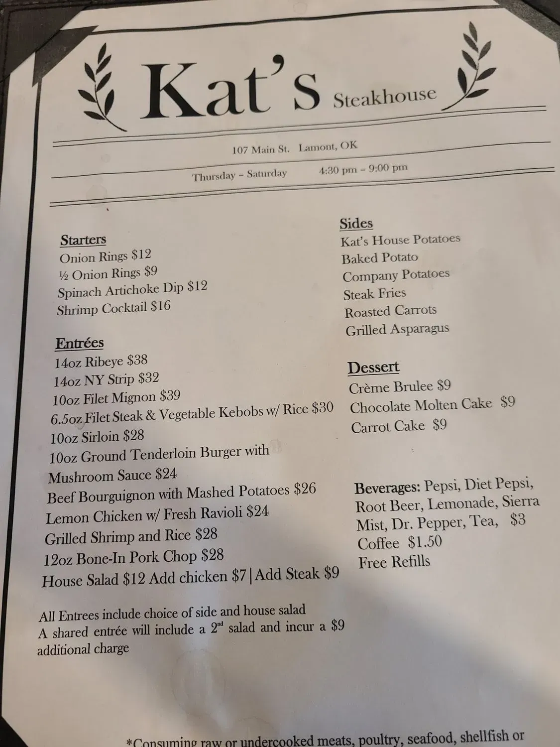Kat's Steakhouse Menu - Updated October 2025