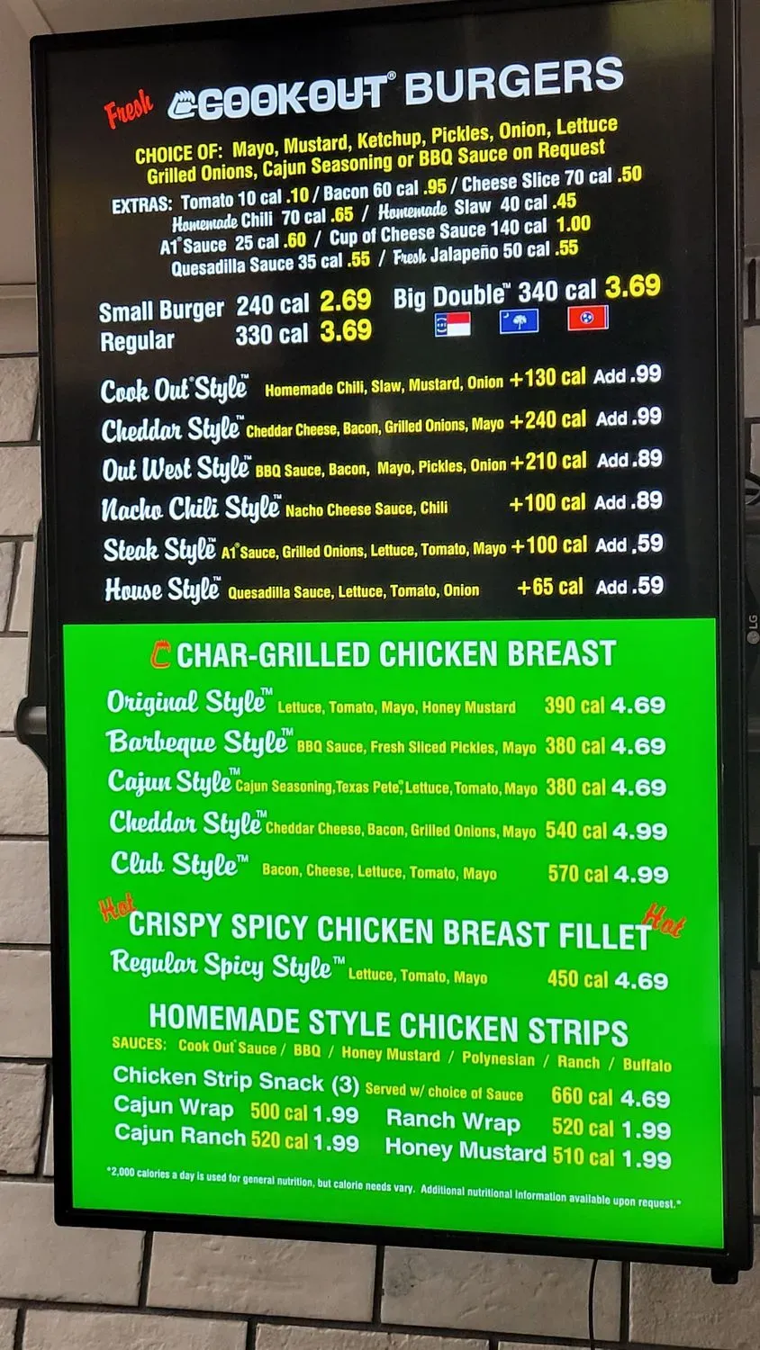 Cook Out Menu - Updated October 2025