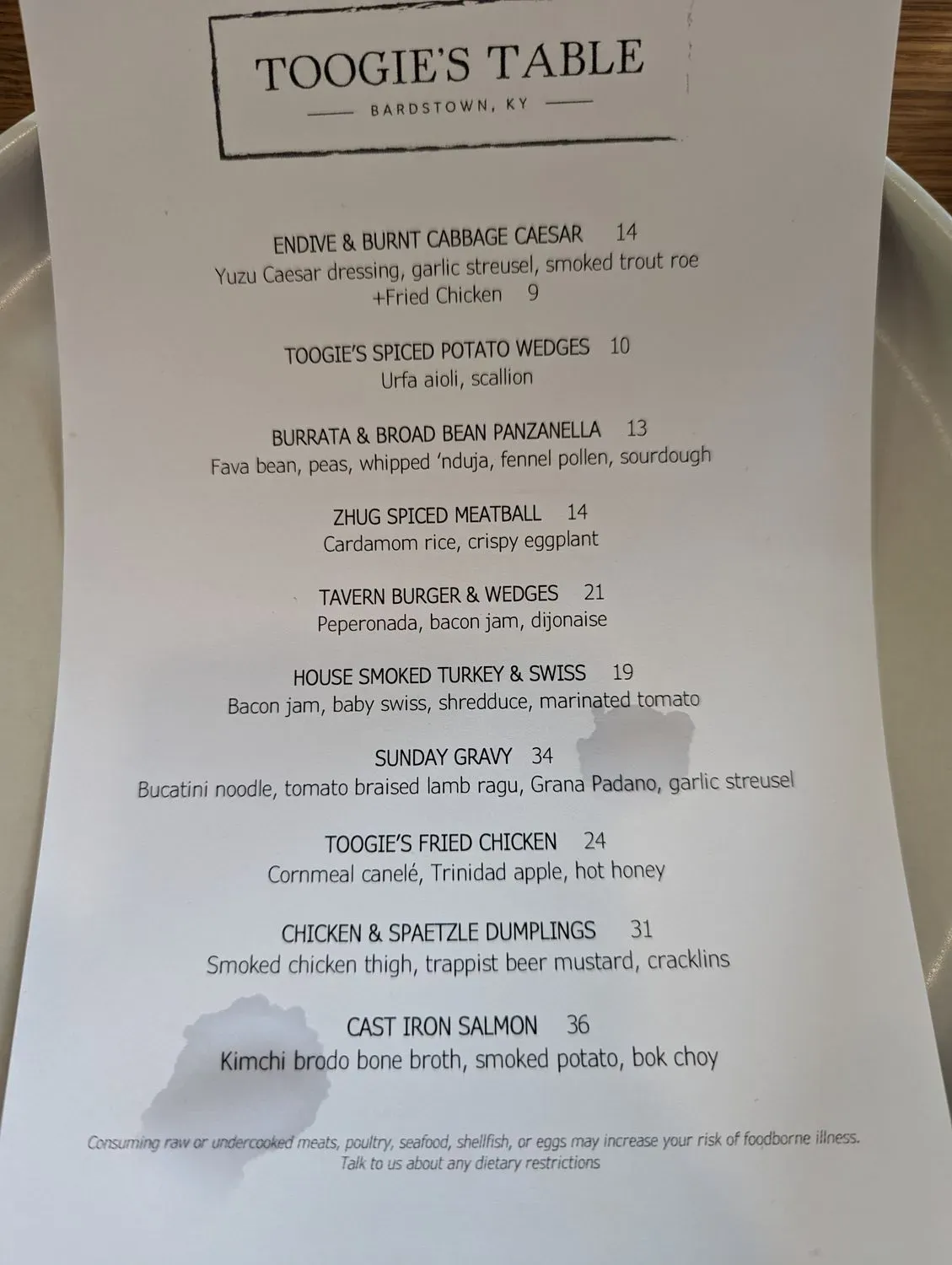 Toogie's Table Menu - Updated October 2025
