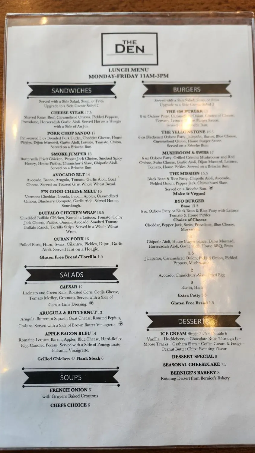 The Den Menu - Updated October 2025