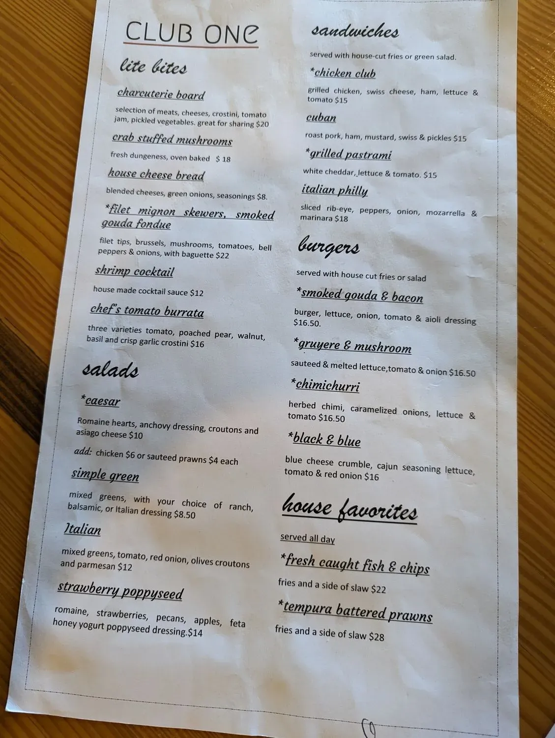Club One Menu | Reedsport, OR | Checkle