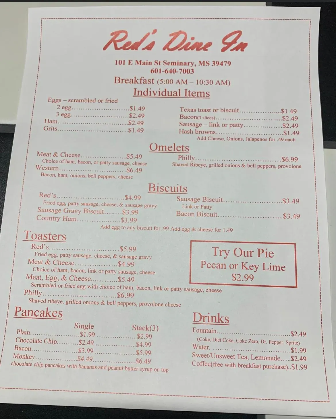 Red's Menu - Updated October 2025