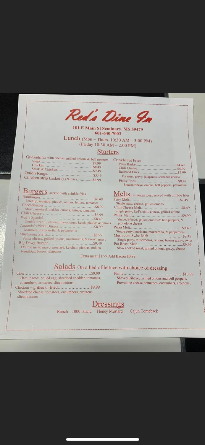Red's Menu - Updated October 2025
